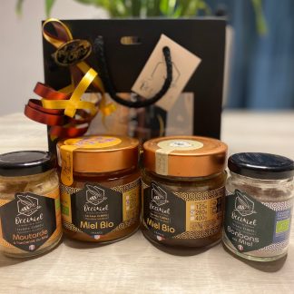 Coffret garni de miels bio produits par Occimiel en Lozère et Cantal